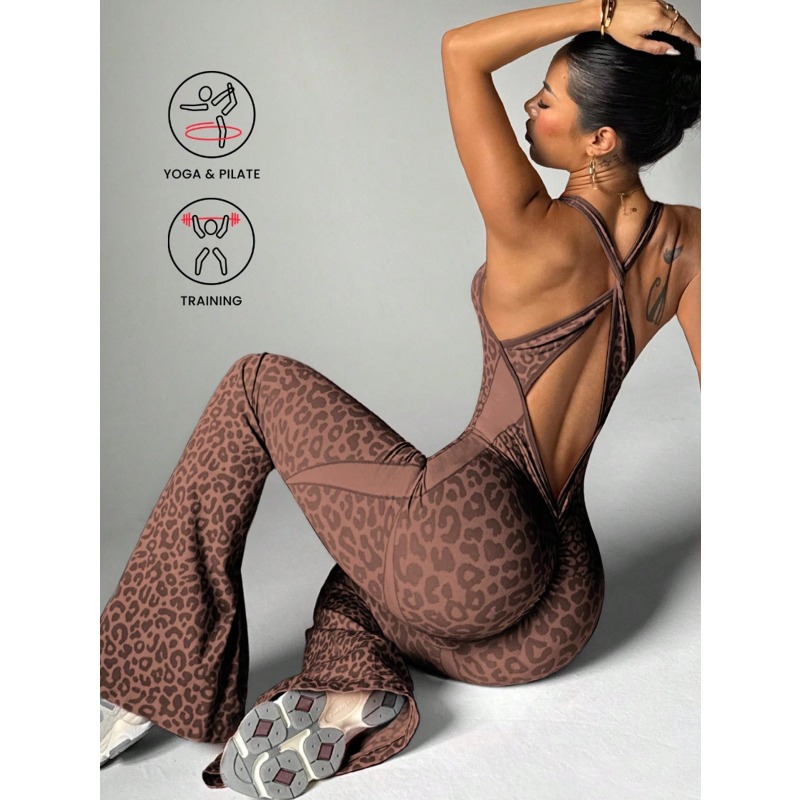 Yoga Fitness Jumpsuit - Women Leopard Print Cross Back Flared
