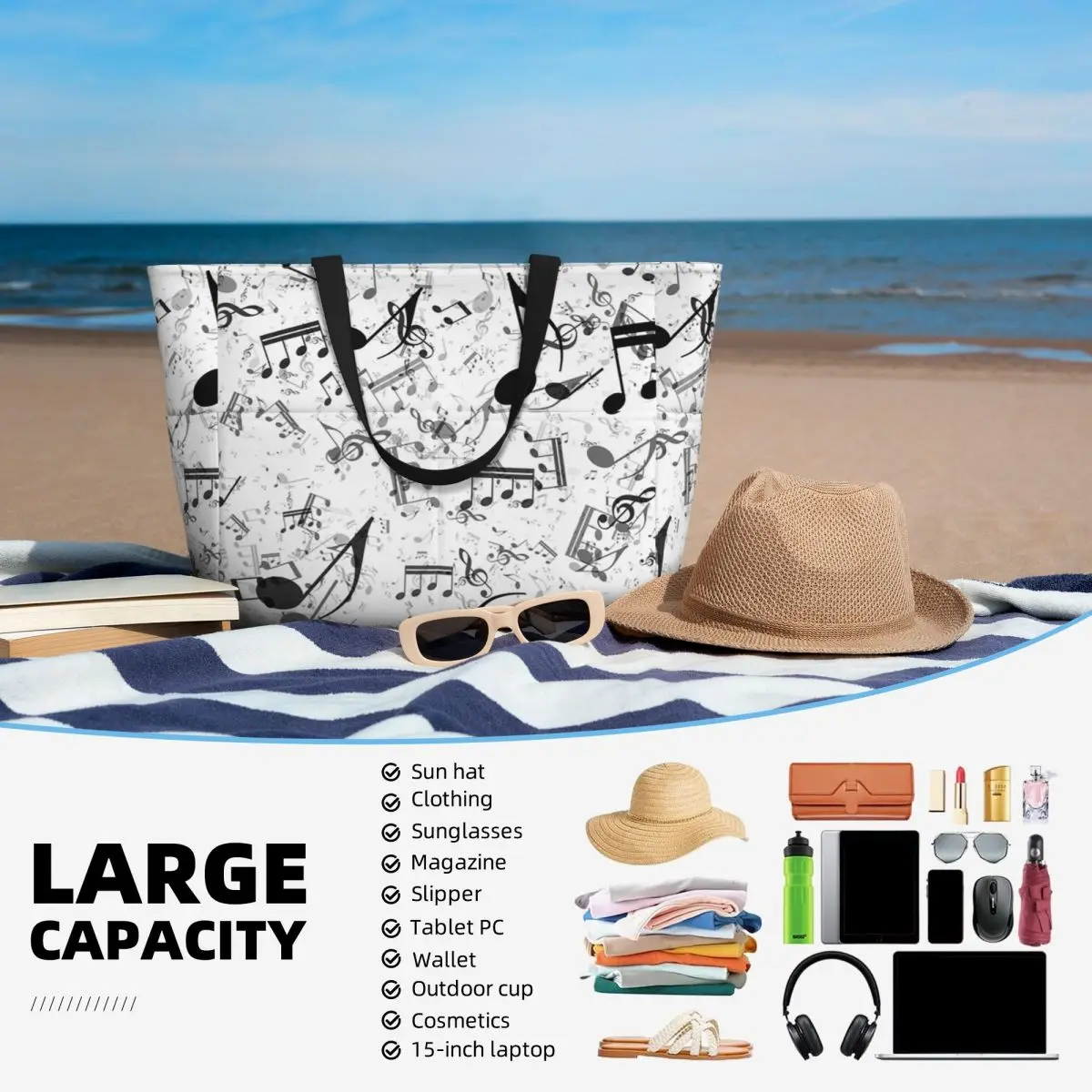 Bass Music Notes Beach Tote Ba - огляд і ціна Yoga Fitness Music